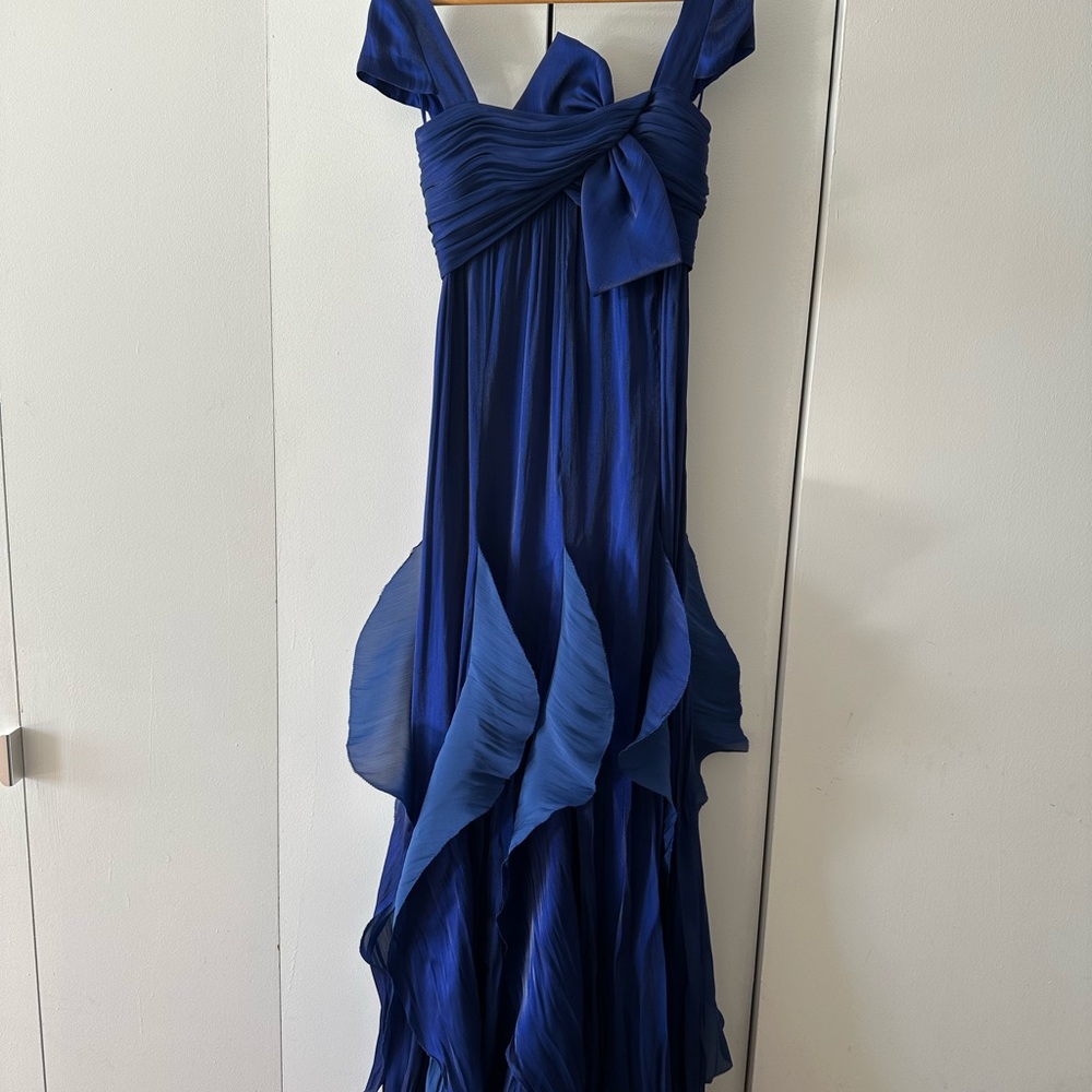 Badgley Mischka Sapphire Blue Pleated Ruffle Maxi Dress